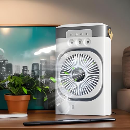 Persönliche Klimaanlage, Tisch- Luftzirkulator mit 3 einstellbaren Geschwindigkeiten, 7- farbiges Nachtlicht, Schreibtisch- Luftbefeuchter, Kühlventilator für Kabine, Büro, Wohnaccessoires, 26 x 16 cm-4