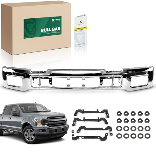YHTAUTO Front Bumper Face Bar Compatible with Ford F-150 2018 2019 2020, Not Fit Raptor Model, with Fog Light Holes, Steel Chrome Bumper Replacement, Requires Self-Assembly