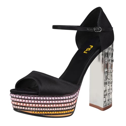FSJ Women Metal Crystal Block Chunky Heel Platform Sandals Open Peep Toe Ankle Strap Buckle Pumps Wedding Party Dress Shoes Size 4-16 US