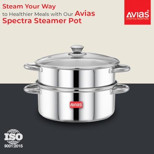 Image of Avias Spectra Stainless Steel Steamer / 22cm for Cooking Vegetable Idli Modak Momo with Strong Side Handles for Easy Use Food Steamer /Cookware Set of 1 / Shiny Mirror Finish / 22cm
