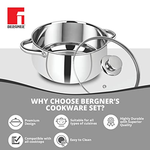 Image of Bergner Acier Stainless Steel Set of 2 Cook and Serve Casserole with 2 Glass Lids, 4 pcs, 2 Casseroles 16cm with 2 Glass Lids, Induction Bottom, Gas Ready, Silver