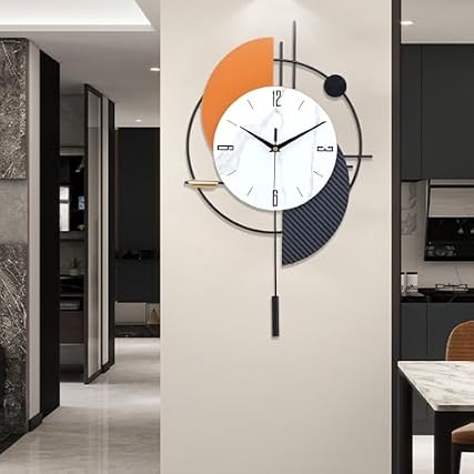 FILLOVE Large Decorative Wall Clock with Pendulum for Living Room, Metal Hands, Orange Accent White Dial FILLOVE Large Decorative Wall Clock with Pendulum for Living Room, Metal Hands, Orange Accent White