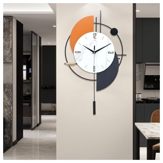 FILLOVE Large Decorative Wall Clock with Pendulum for Living Room, Metal Hands, Orange Accent White Dial, Silent Metal Wall Clock for Living Room, Bedroom, Study, Office