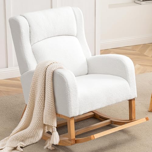 HCHAIRH Rocking Chair Nursery, Nursing Rocking Chairs for Mom Nursery, Comfy Wingback Glider Rocking Armchair with Foot Rest and Side Pocket for Nursery Living Room Bedroom, Teddy White