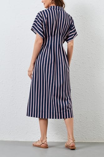 Image of Women Striped Button Down Shirt Maxi Dresses Summer Pleated Short Sleeve Collar Casual Corset Long Dress
