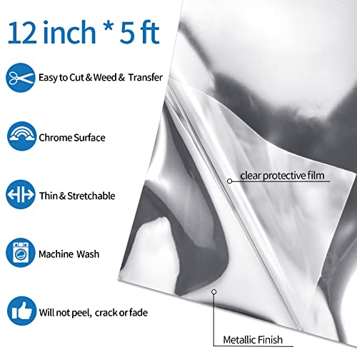 VINYL FROG Silver Metallic Foil Heat Transfer Vinyl 12" x5ft Silver HTV Vinyl Roll Chrome Iron on Vinyl Easy to Cut & Weed DIY Heat Press Design for T-Shirts