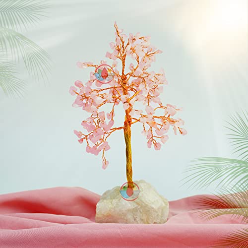 Image of REMEDYWALA Charged Energized Rose Quartz Crystal Tree with Stone Base for Reiki Healing Stone Tree 200 Beads