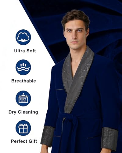 Image of Men's Long Velvet Smoking Jacket Smoking Robe with Belt Shawl Lapel Quilted Dressing Gown