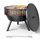 Teisaiko 23 inch Outdoor Fire Pit with Lid & Grill, Heavy Duty Wood Burning Fire Pits for Outside, with Functions for BBQ, Cast Iron Fire fire Bowl Table for Patio Backyard, with Handle & Poker