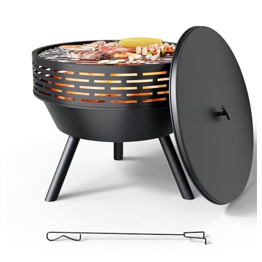 Teisaiko 23 inch Outdoor Fire Pit with Lid & Grill, Heavy Duty Wood Burning Fire Pits for Outside, with Functions for BBQ, Cast Iron Fire fire Bowl Table for Patio Backyard, with Handle & Poker