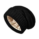 Zando Slouchy Satin Lined Beanie for Women & Men - Warm Hair Protection Winter Hat, Fashionable Thick Kint Black Beanie, Silky Lined Skull Cap, Stocking Cap for Cold Outdoor Travel Daily Wear One Size