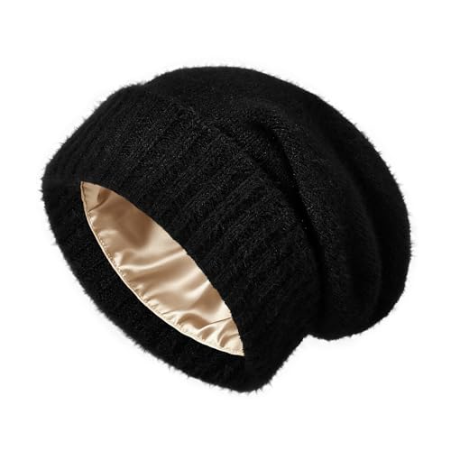 Zando Slouchy Satin Lined Beanie for Women & Men - Warm Hair Protection Winter Hat, Fashionable Thick Kint Black Beanie, Silky Lined Skull Cap, Stocking Cap for Cold Outdoor Travel Daily Wear One Size