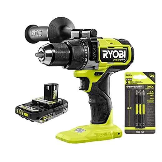 RYOBI ONE+ HP 18V Brushless Cordless 1/2 in. Hammer Drill with 2 Ah Lithium-Ion Battery and 3-1/2 in. Diamond Grit Impact Drive Bits (Bulk Packaging)