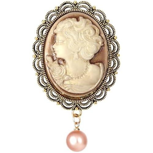 Victorian Brooch Pin, Vintage Embossed Lady Portrait Pendant with Dangling Pearl, Lapel Scarf Dress Cloth Accessory, Party Banquet Jewelry