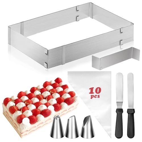 ZUPAPJO Cadre Patisserie Rectangulaire Extensible, Cadre Patisserie en Acier Inoxydable, Moule Rectangulaire Patisserie avec 2 Spatule & Douille Patisserie...
