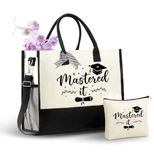 InnoBeta Masters Degree Graduation Gifts for Her Canvas Tote Bag with Top Zipper Closure and Shoulder Strap for Graduation - Master It