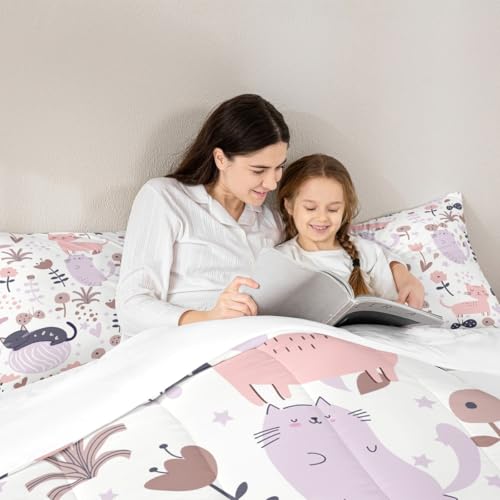 Image of Feelyou Cartoon Comforter Twin Size, Cute Kitten Print Comforter Set for Kids Toddler Kawaii Cats and Flowers Comforter Set Animal Themed Duvet Set Durable Quilt Set