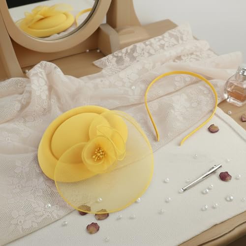 Image of DRESHOW Fascinator Hats for Women Cocktail Tea Party Hat Netted Pillbox Hat Vintage Derby Hats for Bridal Wedding