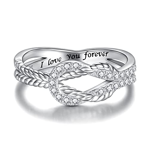 Sterling Silver Mother Daughter Ring: Engraved I Love You Forever Square Knot Ring Jewelry Gift from Mom to Daughter