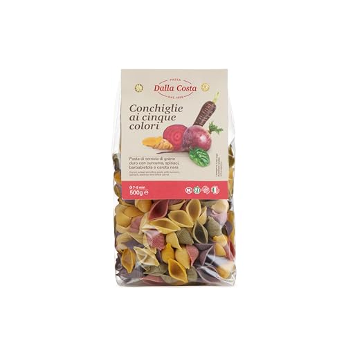 Dalla Costa Conchiglie 5 Colores con Cúrcuma, Espinacas, Remolacha y Zanahoria Negra. Made in Italy. Paquete Ahorro 12x500 gramos