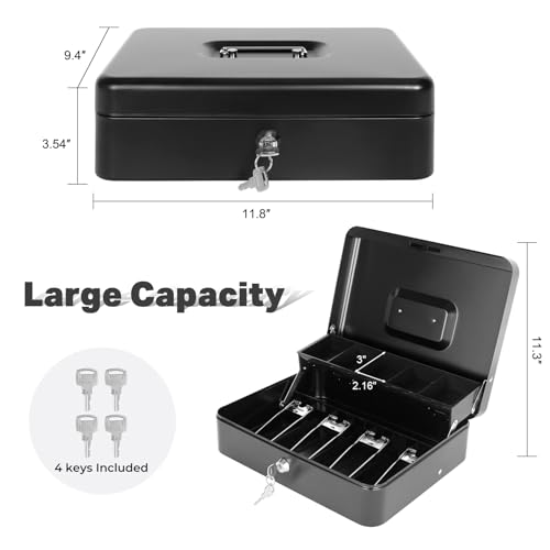 Cash Box with Money Tray and Lock, Metal Money Box for Cash Register, Large Cash Lock Box for Money Safe Includes 5 Slots Coin Tray, 4 Bill Slots, 4 Keys, 11.8" x 9.4" x 3.54" Black