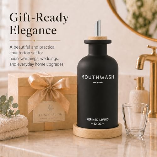 Image of Mouthwash Dispenser for Bathroom, 12 OZ Refillable Glass Mouthwash Bottle with Cup and Bamboo Tray, Decorative Mouth Wash Dispenser Set for Bathroom (Black)
