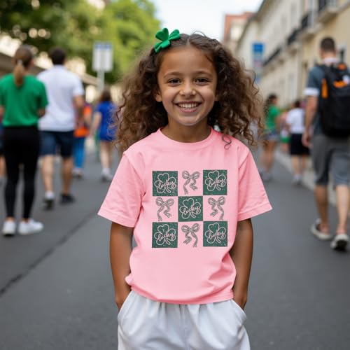 Image of GLIGLITTR Kids St Patricks Day Shirt Girls Bow Shamrock Clover Lucky Graphic T-Shirt Irish Short Sleeve Tee Tops 7-12 Years