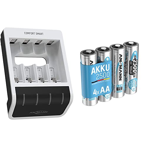 ANSMANN Comfort Smart AA & AAA Battery Charger For NiMH NiCd Rechargeable Batteries & AA Rechargeable Batteries [Pack of 4] & Low Self Discharge AA Type Size Battery For Toys