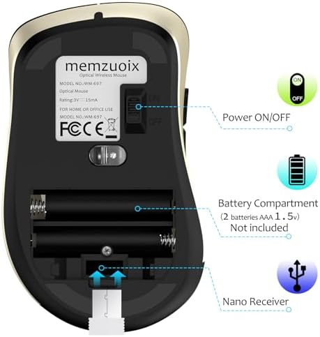 memzuoix 2.4G Wireless Mouse, 1400 DPI Computer Mice with USB Receiver, Portable Wireless USB Battery Powered Cordless Mouse for Laptop, PC, Desktop, 5 Buttons (Black Gold) — view 6