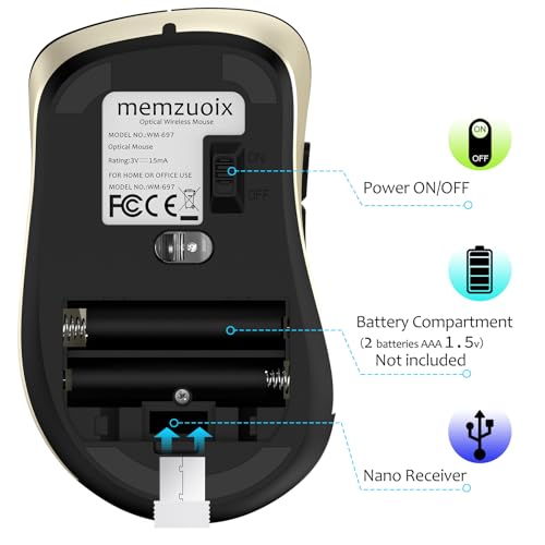 Image of memzuoix 2.4G Wireless Mouse, 1400 DPI Computer Mice with USB Receiver, Portable Wireless USB Battery Powered Cordless Mouse for Laptop, PC, Desktop, 5 Buttons (Black Gold)