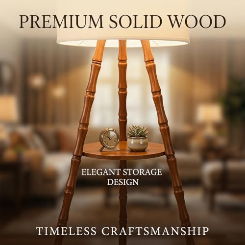 Image of LAMSU Solid Wood Tripod Floor Lamp with Shelf, Mid Century Bobbin Standing Lamp with Fabric Shade and Foot Switch, Retro Farmhouse Tall Corner Lamps for Living Room Bedroom Office Reading, Brown
