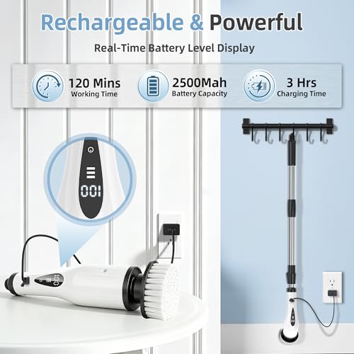 Image of Electric Spin Scrubber, 3-Speed Flat End Brush with 8 Brush Heads & Base, IPX7 Waterproof, Adjustable Long Handle, Digital Display, 2500mAh Fast Charging, for Bathroom, Tub, Tile, Floor