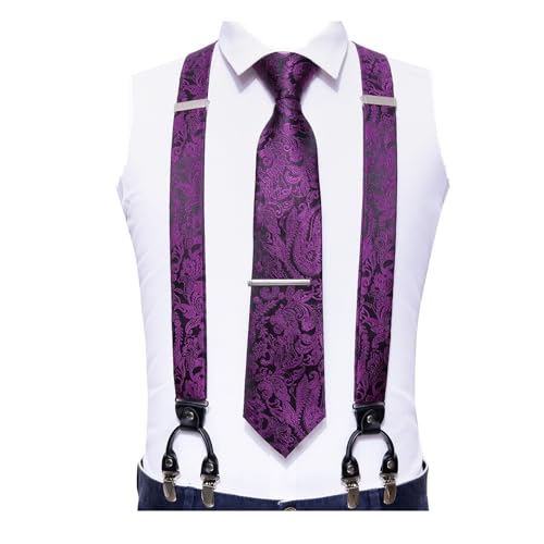 Image of Barry.Wang Men Suspender Set with Necktie Elastic Y Type Heavy Duty 6 Clips Braces Tie Handkerchief Cufflink Pin 6PCS