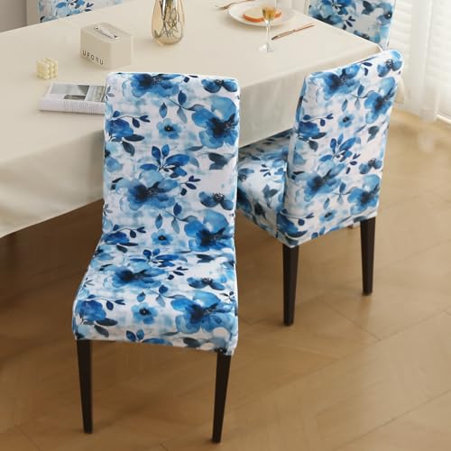 Image of HOKIPO Premium Printed Velvet Dining Chair Cover Set of 1, Blue Azure Botanical (AR-5794-D8)