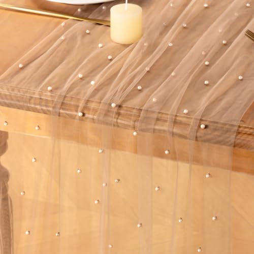 MLMC Nude Pearl Table Runner Sheer Tulle Gauze Table Runner 10Ft, 3 Pack