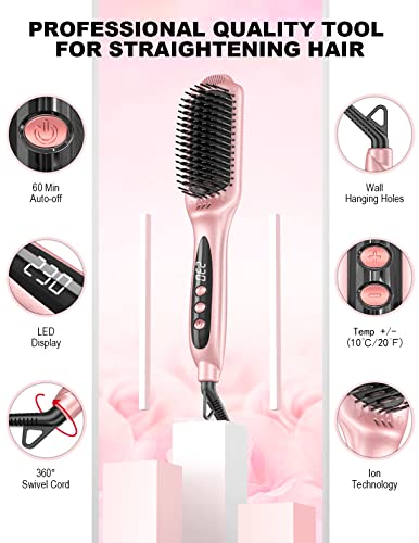 LANDOT Hair Straightening Brush Hot Comb Ionic Hair Straightener Brush For Women, Fast Heating Ceramic & Anti-Scald Design, Rose Gold
