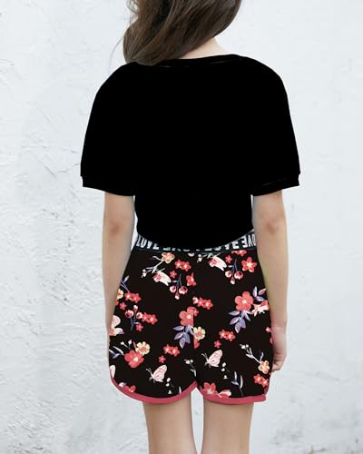 Image of Betusline Cute Clothes for Teen Girls, Black Short Sleeve Crop Top Summer T-Shirt and Shorts Clothing Sets, Black, 6-7 Years = Tag 130, Black+red