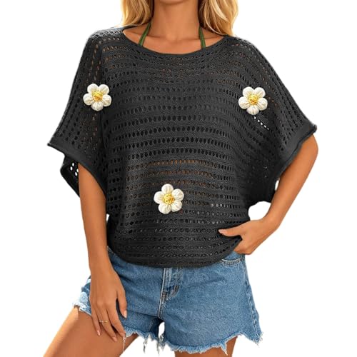 T-shirt d'été femme anti-chaleur en maille ajourée manches chauve-souris