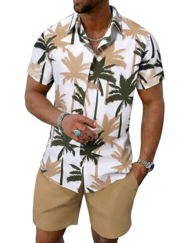 Image of Yimoon Men's Summer 2 Piece Outfits Tropical Print Short Sleeve Button Down Hawaiian Beach Shirt and Shorts Set