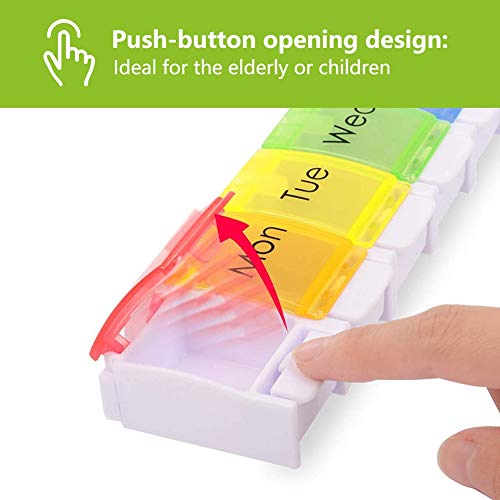 HONZUEN 7 Dagen Pillendoosje Tabletdoosje Dispenser met Label, Wekelijkse Grote Pillendoosdoos met Drukknop Vakken… - Image 3