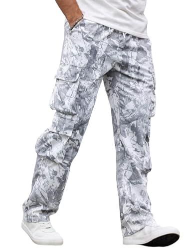 ZAFUL Men's Cargo Pants Digital Camouflage Branch Shaped Print Drawstring Waist Loose Casual Trousers with Pockets