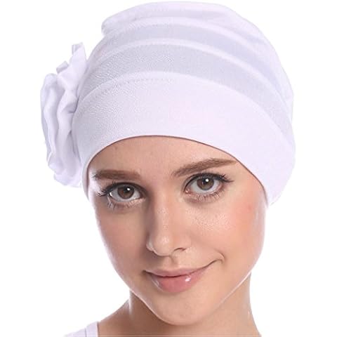 Upsmile Women Chemo Cap, Soft Sleep Turban Headwear Hat with Elegant Strench Side Flower Pleated Skull Caps for Cancer Patients White Cover