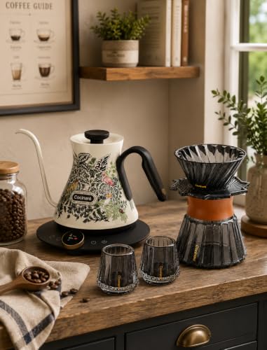 Image of Cocinare Jungle Gooseneck Electric Kettle & Pour Over Coffee Set, ±0.5F Temperature Control, 1500W 0.6L Kettle, Coffee Dripper, 550 ml / 18.6 oz Server & 2 Tasting Cups