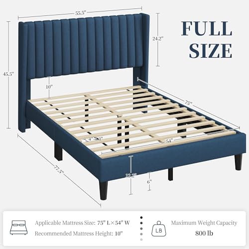 Image of Yaheetech Full Bed Frame with Headboard, Navy Blue Channel-Tufted Platform