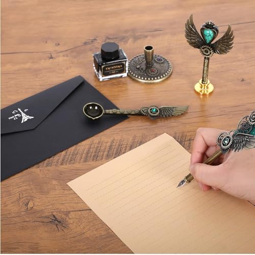 Image of PLUSPOINT Vintage Quill Pen and Ink Set Elegant Writing Luxury Fountain Calligraphy Ink Pen Set with Wax for Stamp Retro Decor Dip Pen Office Stationery Corporate Gifting for Signature, Black