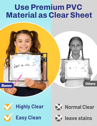 SUNEE 30 Packs Oversized Reusable Dry Erase Pocket Sleeves with 2 Rings, Black 10x14 Ticket Holders, Clear Plastic Sheet Protectors, Teacher School Classroom Supplies