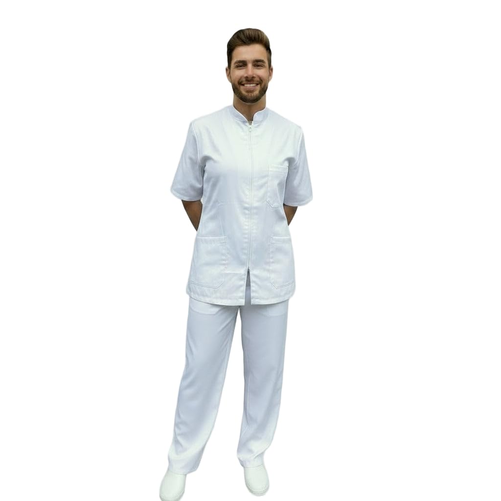 Traje completo de trabajo blanco cremallera cuello corano unisex algodón estético enfermera/A