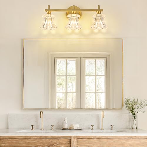 Image of Gold Bathroom Light Fixture 3-Lights Vintage Vanity Lights | Easy Installation,Elegant Clear Glass Shades,Wall Mount Up or Down