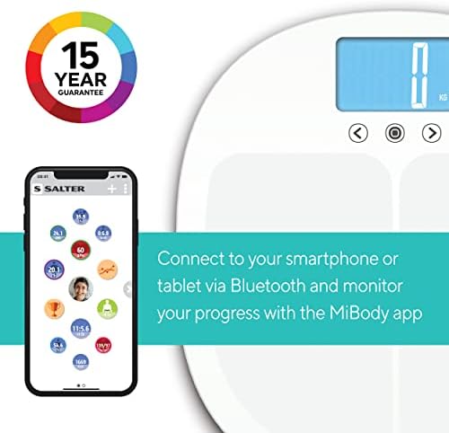 Salter 9192 WH3R Health Curve Bluetooth Smart Bathroom Analyser Scale, Measures Weight, Body Fat/Water, Muscle/Bone Mass, BMI and BMR, 8 User Memory, Connect to Smartphone using MiBody App, White