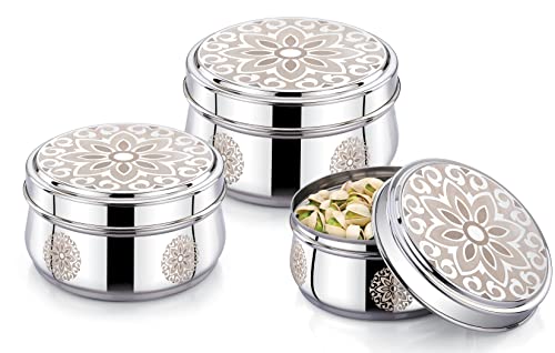 Image of Expresso Stainless Steel Multipurpose Set of 3 Laser Printed Lunch Box /Dabba Food Storage Containers Box Serving Set |,Size : 300ml, 450ml & 650ml